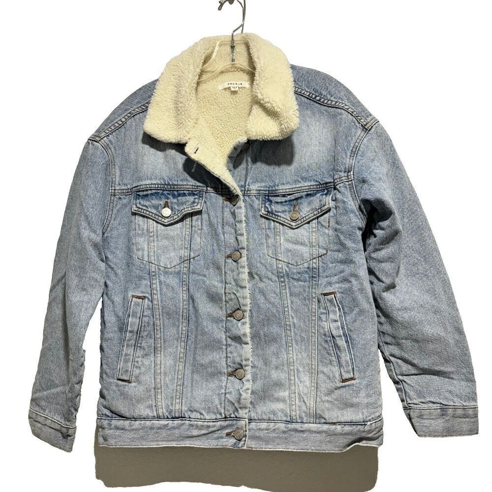 PacSun Womens Light Blue Long Sleeve Sherpa Lined Denim Trucker Jacket Size XS/S